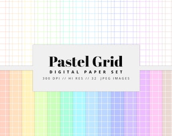 May include: A set of 32 digital paper backgrounds featuring pastel colored grid patterns. The grid patterns are in shades of pink, orange, yellow, green, blue, purple, and gray.  The text "Pastel Grid Digital Paper Set 300 DPI // HI RES // 32 JPEG IMAGES" is displayed on a white rectangle.