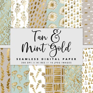 Tan, Mint & Goldfolie digitales Papier, Goldfolie Texturen, Floral digitales Papier, bedruckbar, Sofort Download, Gold, kommerzielle Nutzung