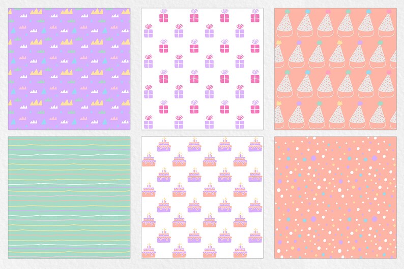 Puede incluir: Una colecci&oacute;n de seis patrones sin costuras coloridos. Los dise&ntilde;os incluyen cajas de regalo, pasteles de cumplea&ntilde;os, sombreros de fiesta y formas abstractas en colores pastel como rosa, morado y verde. Estos patrones son adecuados para diversas aplicaciones.