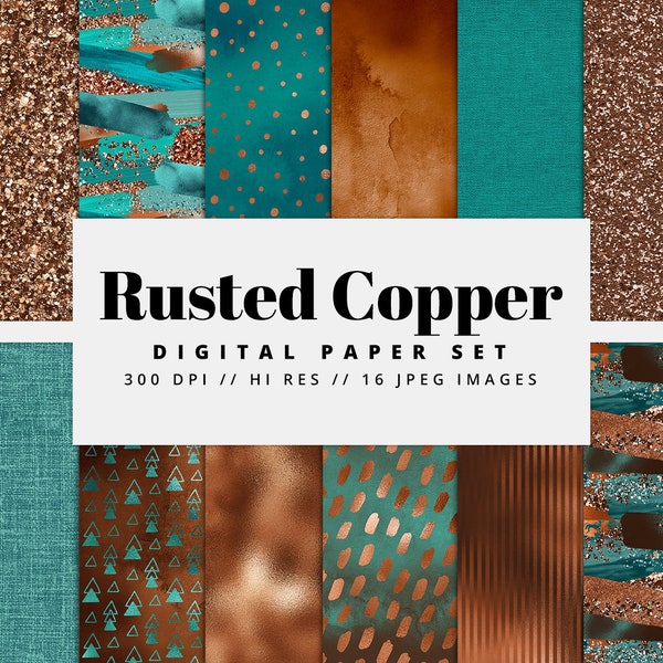 Rusted Copper Foil Digital Paper, Seamless Textures, Digital Metallic Foil, Glam Texture, Teal, Printable, Instant Download, Commercial Use