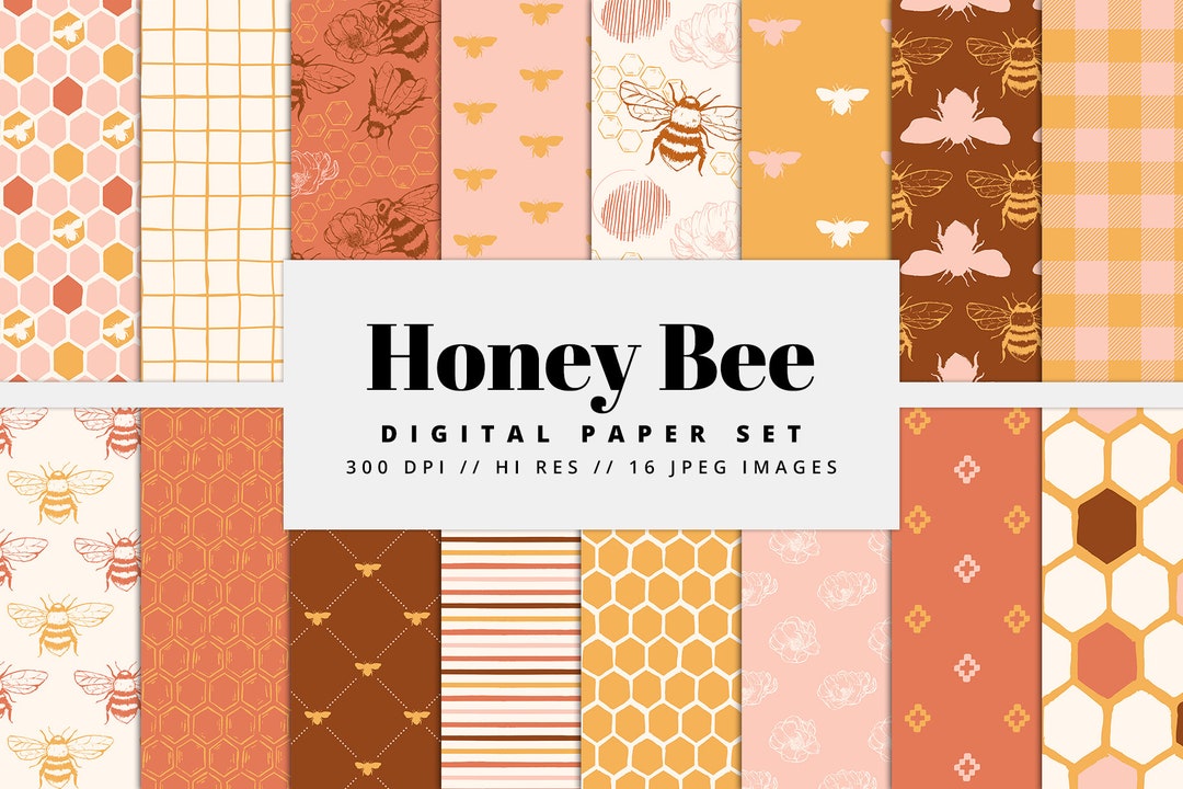 Honey Bee Digital Paper Set, Seamless Textures, Honeycomb Patterns ...