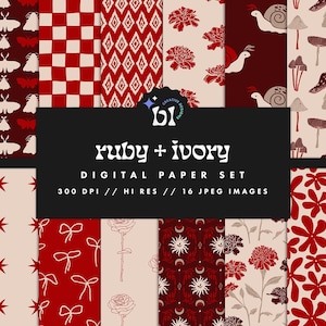 May include: A digital paper pack with 16 red and cream colored patterns. The patterns include cherries, moths, stars, bows, flowers, mushrooms, snails, and geometric designs. The text "ruby + ivory" and "DIGITAL PAPER SET" is displayed on a black banner.