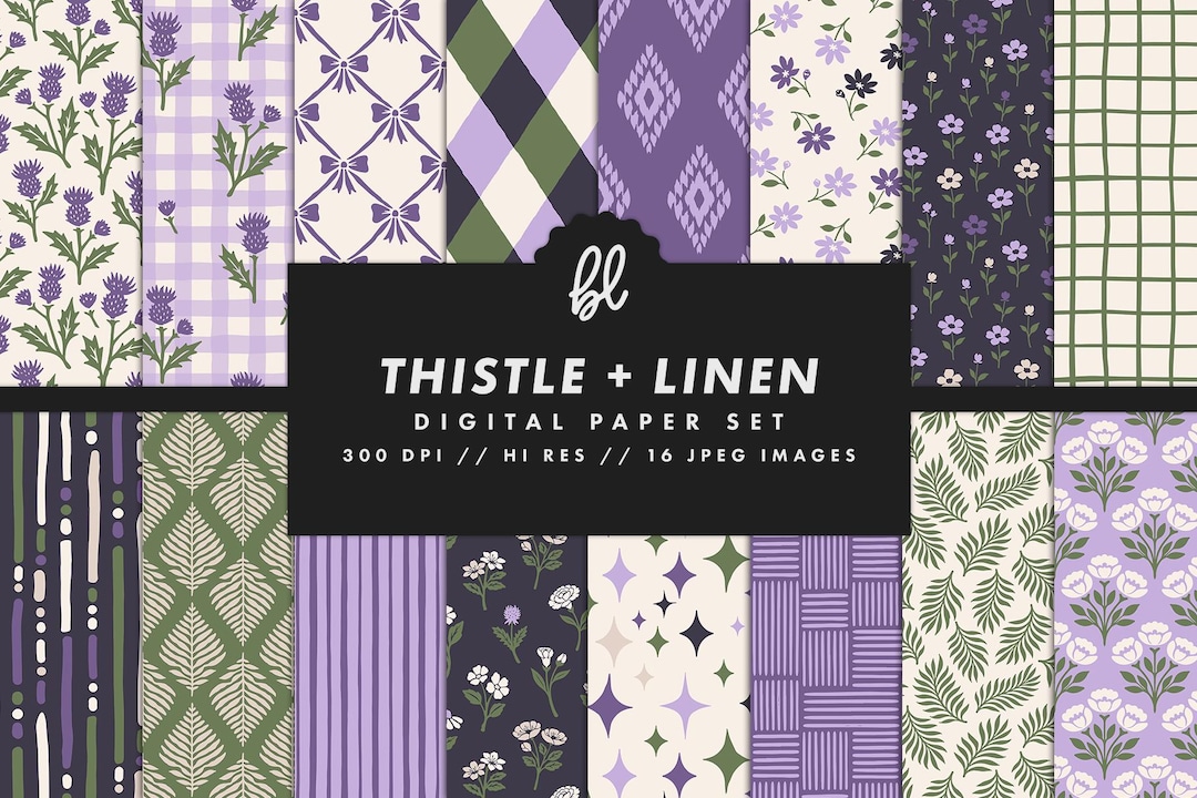 Green and Purple Floral Digital Paper Set, Spring Seamless Trendy ...