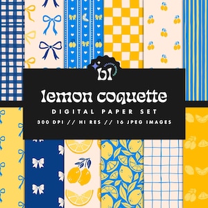 Ensemble de papier numérique Coquette citron, motifs citron, arrière-plans Vichy, Shabby Chic, JPEG vintage, usage commercial, téléchargement immédiat