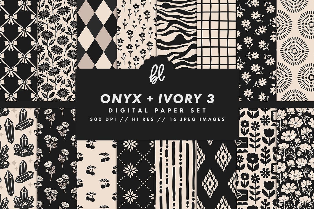 Black and White Floral Digital Paper Set, Onyx and Ivory Seamless ...
