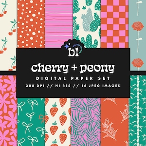 以下が含まれることがあります： チェリーとピーオニーをモチーフにした、16種類の異なるパターンが収録されたデジタルペーパーパック。ピンク、グリーン、レッド、ホワイトなど、さまざまな色合いで、チェリー、ピーオニー、イチゴ、サボテン、星などのデザインが描かれています。黒いバナーには「cherry + peony」と「DIGITAL PAPER SET」の文字が書かれています。