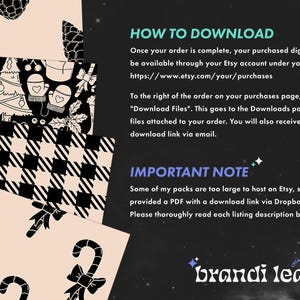 May include: A digital download information page with black and white illustrations of Christmas-themed patterns. The text reads "How to Download" and "Important Note".
