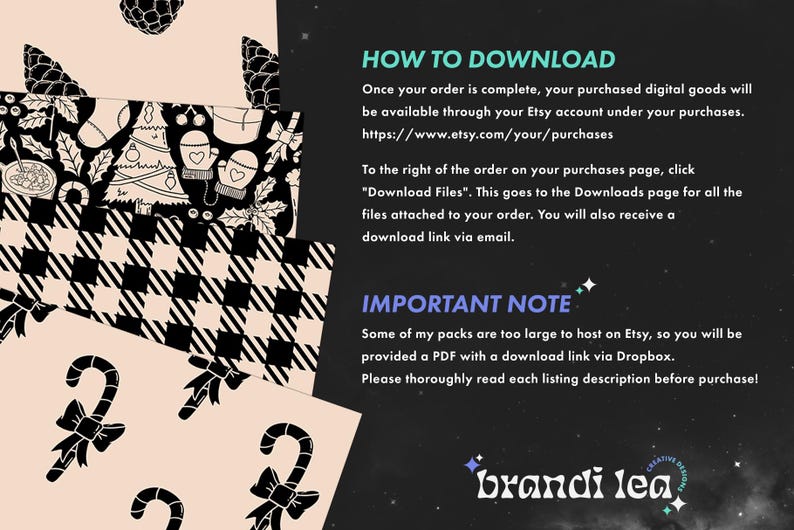 May include: A digital download information page with black and white illustrations of Christmas-themed patterns. The text reads "How to Download" and "Important Note".