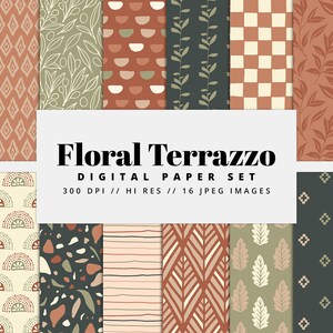 Florales Terrazzo-Digitalpapier-Set, nahtlose Texturen, Blumenmuster, Doodle-Hintergründe, botanische Muster, druckbar, kommerzielle Nutzung