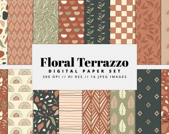 Floral Terrazzo Digital Paper Set, Seamless Textures, Floral Patterns, Doodle Backgrounds, Botanical Patterns, Printable, Commercial Use