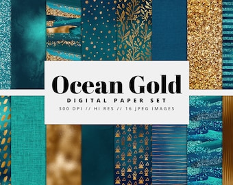 May include: A digital paper pack with 16 high-resolution images featuring teal and gold patterns. The patterns include glitter, stripes, polka dots, and geometric shapes.
