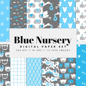 Blue Nursery Digital Paper Set, Seamless Textures, Baby Boy, Baby Patterns, Childrens Patterns, Rainbow Patterns, Printable, Commercial Use