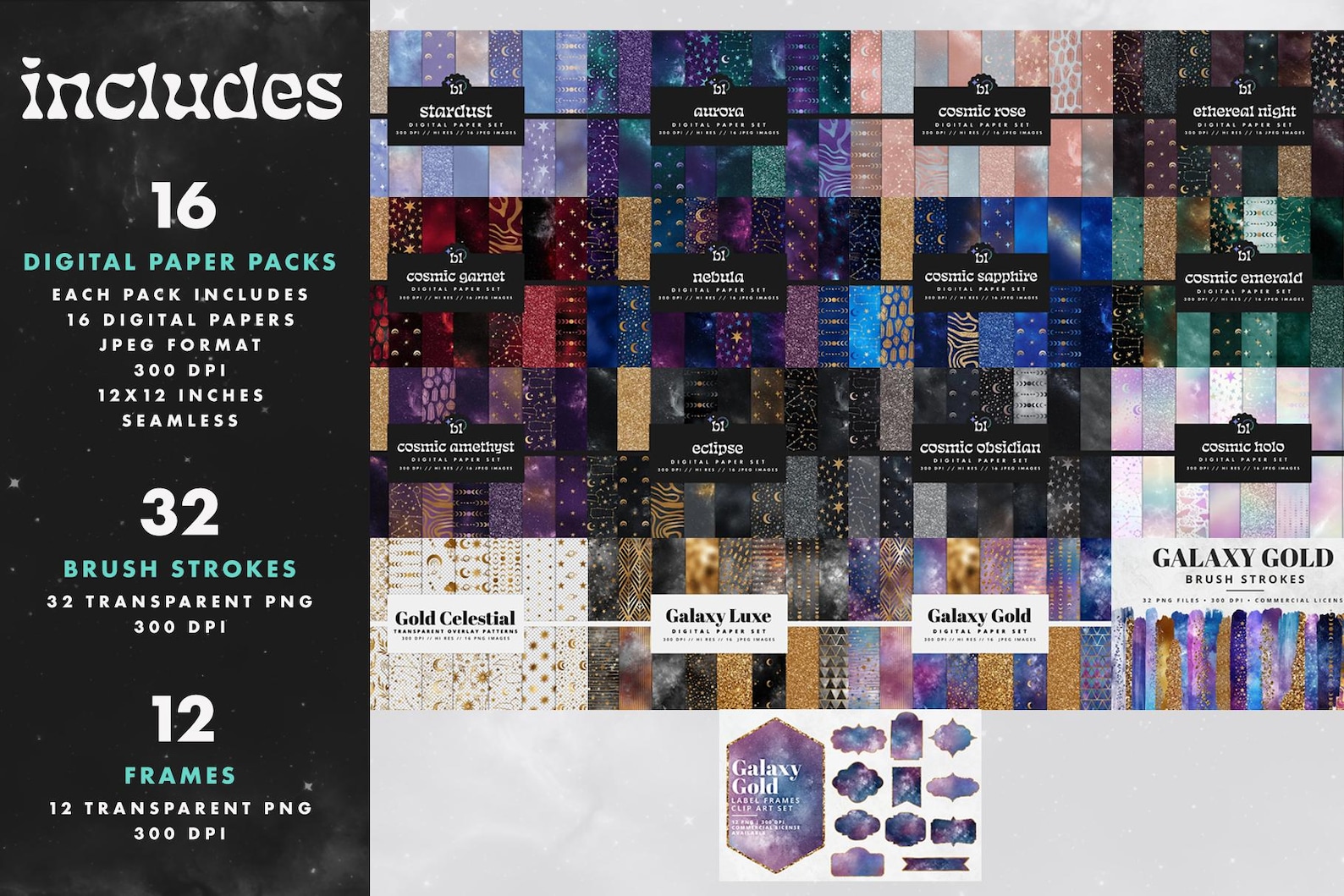 Galaxy Digital Paper Bundle, Celestial Pattern Pack, Space Scrapbook ...