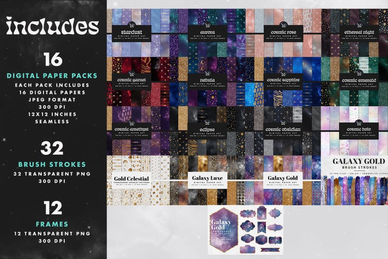 Galaxy Digital Paper Bundle, Celestial Pattern Pack, Space Scrapbook ...