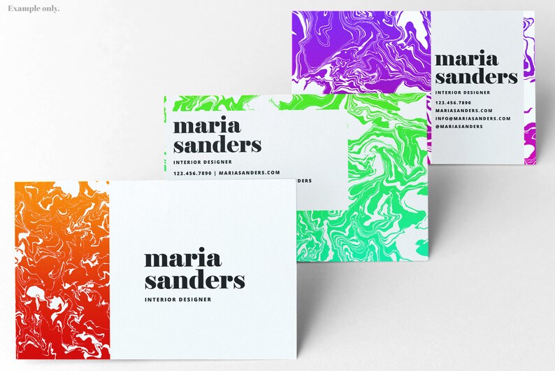 May include: Three business cards with a colorful abstract design. The text on the cards reads "maria sanders, interior designer" with contact information.