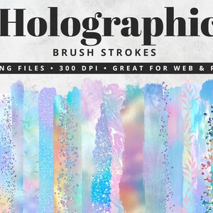 Holographic Brush Strokes Clipart, Paint Strokes, PNG, Holo Clip Art, Iridescent Foil, Rainbow Clipart