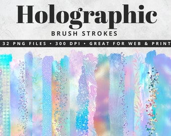 ホログラフィックブラシストローククリップアート、ペイントストローク、PNG、ホロクリップアート、虹色箔、レインボークリップアート