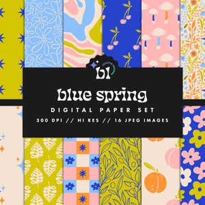 May include: A digital paper pack with 16 different patterns featuring a variety of spring-themed designs. The patterns include stars, flowers, leaves, cherries, mushrooms, and geometric shapes in a blue, pink, yellow, and green color palette. The text "blue spring" and "DIGITAL PAPER SET" is displayed on a black banner.