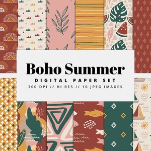 Boho Sommer nahtlose digitales Papier Set, nahtlose Hintergrundtexturen, tropisch, Sommer Muster, bedruckbar, kommerzielle Nutzung