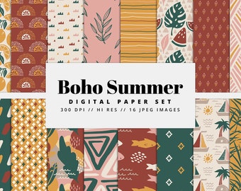Boho Summer Seamless Digital Paper Set, Seamless Background Textures, Tropical, Summer Patterns, Printable, Commercial Use