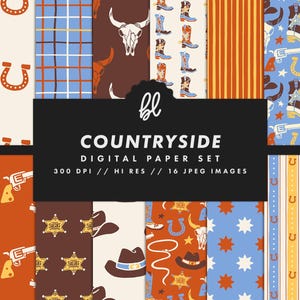 Western Cowboy Digital Paper Set, Seamless Trendy Patterns (Commercial Use)