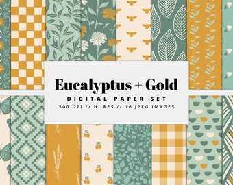 Sömlöst digitalt papper med eukalyptus och guld, blommönster, botaniska bakgrunder, utskrivbart, direktnedladdning, kommersiellt bruk JPG