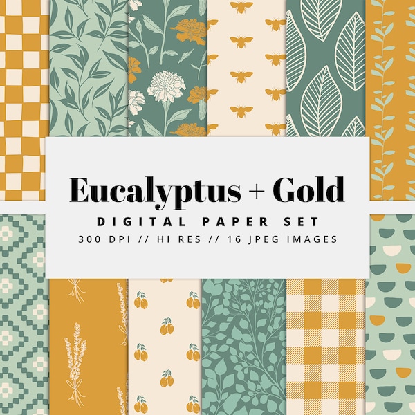 Eucalyptus & Gold Digital Paper Set, Seamless Textures, Floral Patterns, Doodle Backgrounds, Botanical Patterns, Printable, Commercial Use