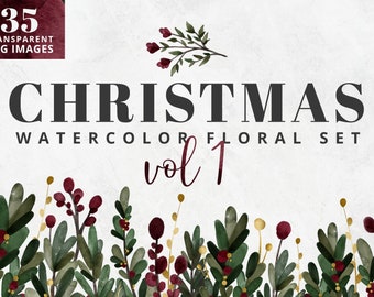 Christmas Watercolor Leaves Clip Art, botanical leaves Illustrations, watercolor floral,  Holiday clip art, wreaths, laurels, branches