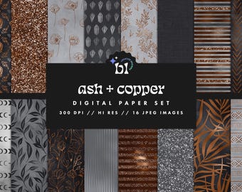 May include: A digital paper pack with 16 high-resolution images featuring a variety of patterns in shades of gray and copper. The patterns include glitter, geometric shapes, leaves, and floral designs. The text "ash + copper" and "DIGITAL PAPER SET" is displayed on the image.