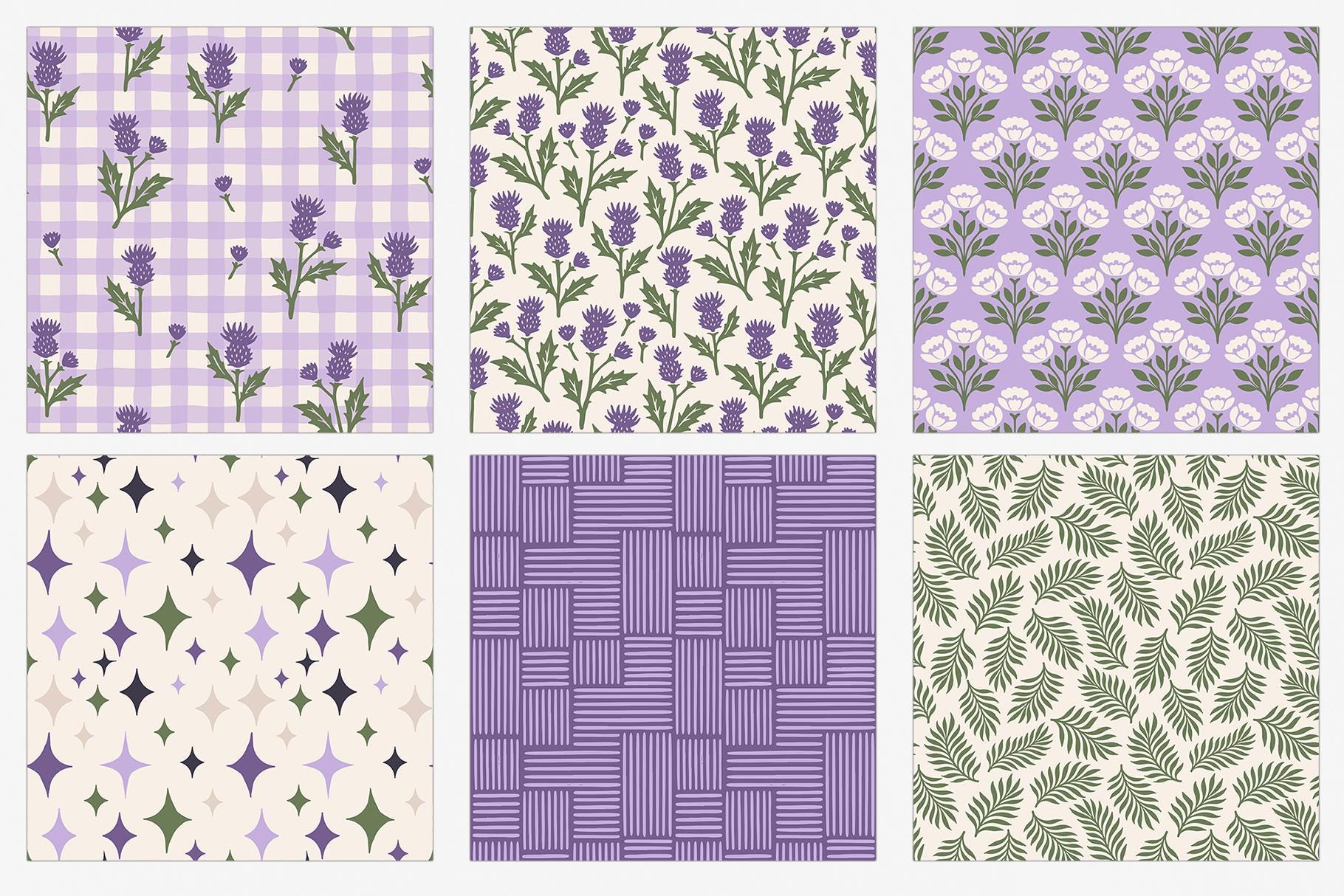 Green and Purple Floral Digital Paper Set, Spring Seamless Trendy ...