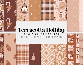 Set di carte digitali natalizie in stile boho, texture senza soluzione di continuità, motivi festivi, sfondi floreali, motivi di tendenza, stampabili, uso commerciale.