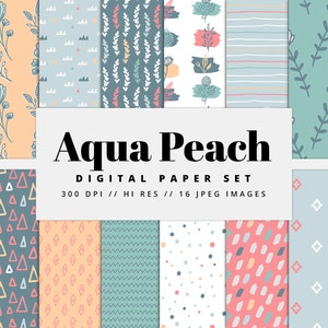 Puede incluir: Un conjunto de papel digital con 16 patrones diferentes en aqua, melocotón y blanco. Los patrones incluyen diseños florales, formas geométricas y diseños abstractos. El texto "Aqua Peach Digital Paper Set 300 DPI // HI RES // 16 JPEG IMAGES" se muestra en la imagen.