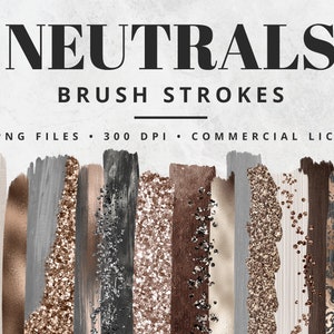 Neutral Brush Strokes Clipart, Paint Strokes, PNG, Gold Foil Brush Strokes, Watercolor Brush Strokes, Glitter, Gray, Confetti, Clip Art Set