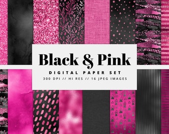 Könnte beinhalten: Ein digitales Papierpaket mit 16 hochauflösenden Bildern in Schwarz und Pink. Die Bilder zeigen verschiedene Muster, darunter Glitzer, Streifen, Punkte und florale Designs. Der Text "Black & Pink Digital Paper Set 300 DPI // HI RES // 16 JPEG IMAGES" ist auf dem Bild zu sehen.