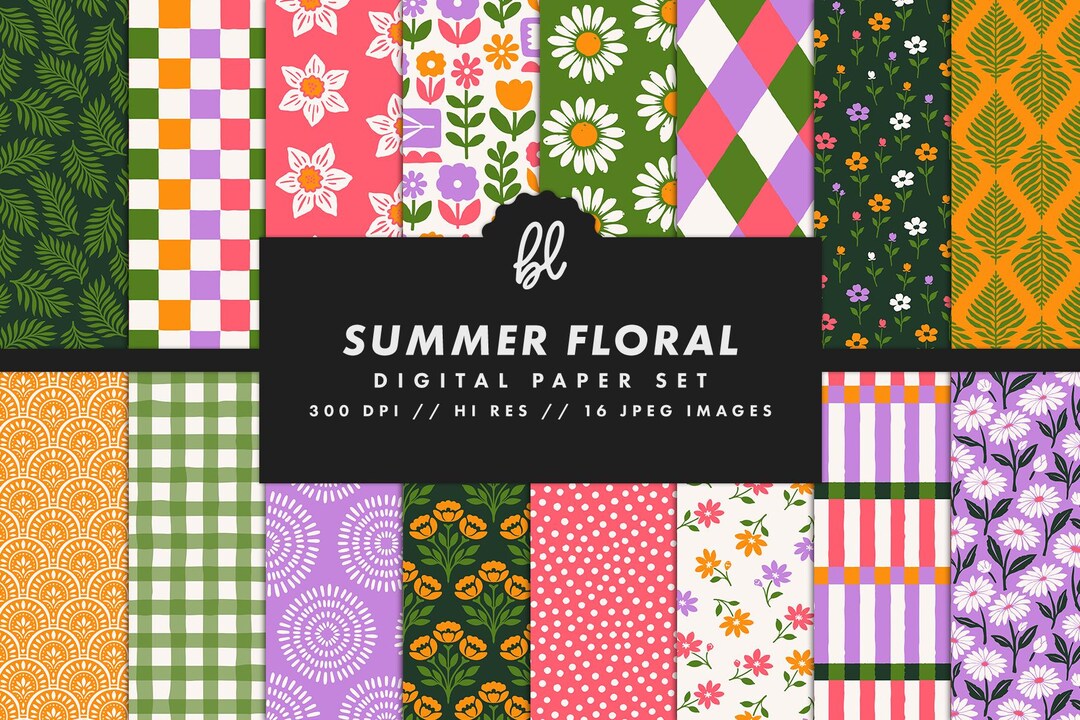 Green and Purple Floral Digital Paper Set, Botanical Seamless Trendy ...