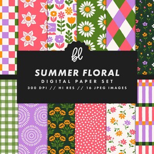 Green and Purple Floral Digital Paper Set, Botanical Seamless Trendy ...