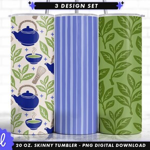 May include: Three 590 ml skinny tumblers with various designs. One has a blue teapot, tea bowl, and leaves on a cream background. Another has blue vertical stripes. The third has green leaves on a green background. Text reads "3 DESIGN SET".