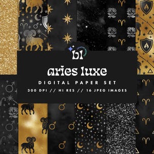 Black & Gold Aries digitaal papier, dierenriempatroon, horoscoop plakboekpapier, sterrenbeeld achtergrond, naadloze textuur, Instant Download