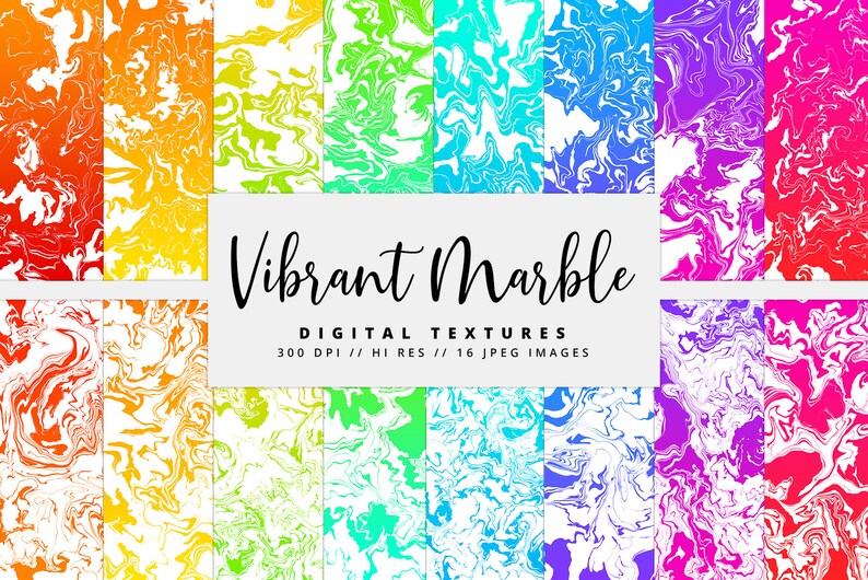 May include: A set of 16 digital marble textures in vibrant colors, including red, orange, yellow, green, blue, purple, and pink. The textures are high resolution and perfect for use in digital design projects.