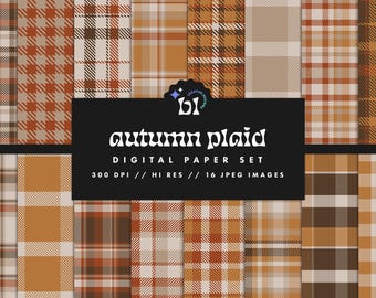 May include: A digital paper set featuring 16 autumn plaid patterns in various shades of brown, orange, and white. The patterns are perfect for crafting, scrapbooking, and digital design projects. 300 DPI // HI RES // 16 JPEG IMAGES