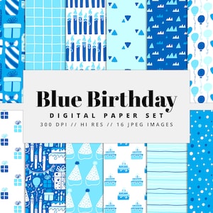 Blue Birthday Digital Paper Set, Seamless Textures, Birthday Party Patterns, Birthday Backgrounds, Printable, Commercial Use