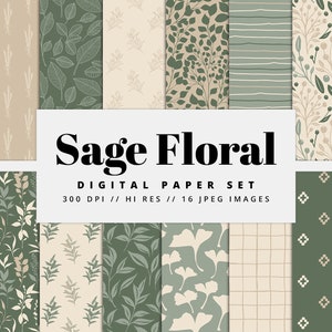 Sage Floral Digital Paper Set, Seamless Textures, Flower Patterns, Spring Backgrounds, Green Patterns, Printable, Commercial Use