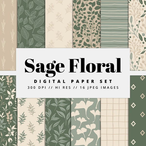 Sage Floral Digital Paper Set, Seamless Textures, Flower Patterns, Spring Backgrounds, Green Patterns, Printable, Commercial Use