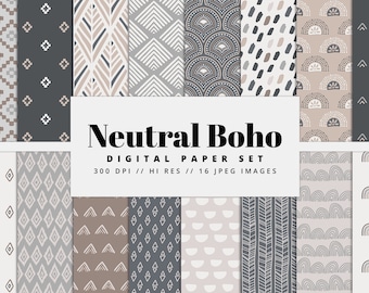 Neutral Boho Digital Paper Set, Seamless Textures, Boho Patterns, Doodle Backgrounds, Trendy Patterns, Printable, Commercial Use