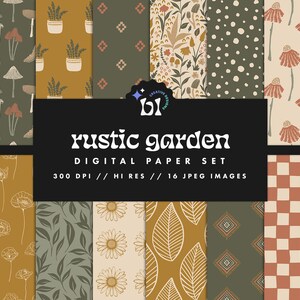 Peut inclure: Un ensemble de papiers numériques avec 16 motifs différents sur le thème du jardin rustique. Les motifs comprennent des champignons, des plantes, des feuilles, des fleurs et des motifs géométriques dans une palette de couleurs douces de bruns, de verts et de crèmes.