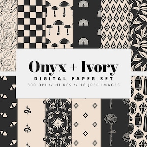 Black and Ivory Digital Paper Set, Seamless Textures, Boho Patterns, Doodle Backgrounds, Trendy Patterns, Printable, Commercial Use