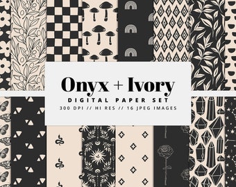 Black and Ivory Digital Paper Set, Seamless Textures, Boho Patterns, Doodle Backgrounds, Trendy Patterns, Printable, Commercial Use
