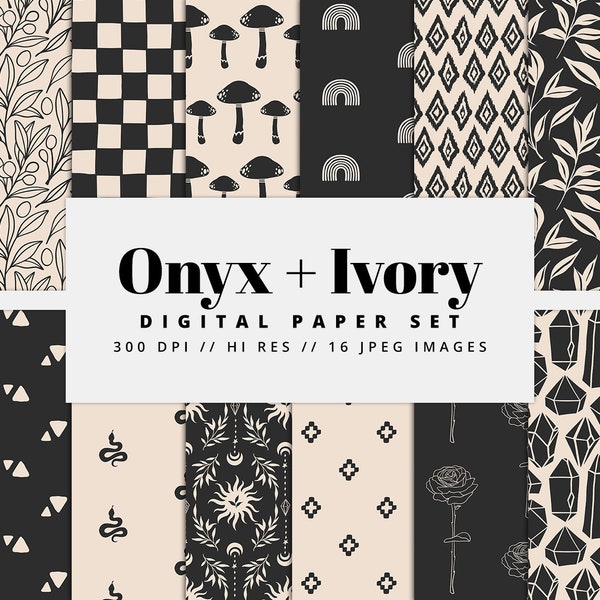 Black and Ivory Digital Paper Set, Seamless Textures, Boho Patterns, Doodle Backgrounds, Trendy Patterns, Printable, Commercial Use