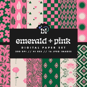 Emerald & Pink Digital Paper Set, Seamless Textures, Floral Patterns, Doodle Backgrounds, Botanical Patterns, Printable, Commercial Use