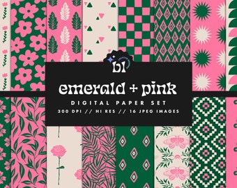 Emerald & Pink Digital Paper Set, Seamless Textures, Floral Patterns, Doodle Backgrounds, Botanical Patterns, Printable, Commercial Use